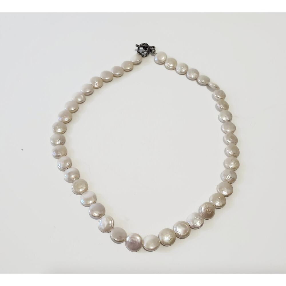 White 10mm Freshwater Coin Pearl Necklace With Sterling Silver Toggle Clasp 18"